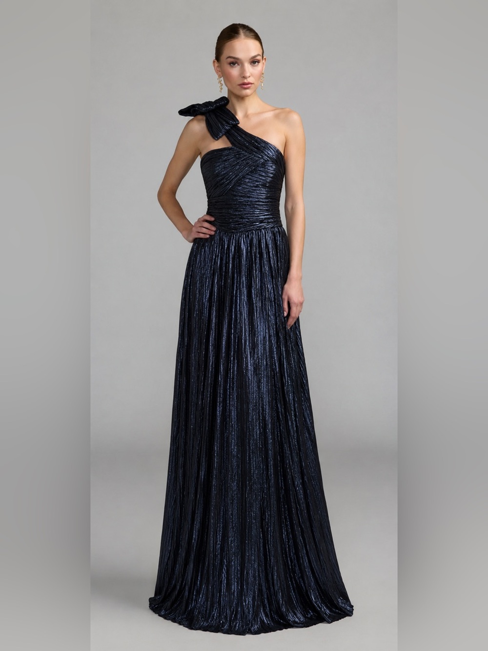 NWT Tahari ASL Metallic Midnight Navy Pleated One Shoulder Bow Maxi Gown 6